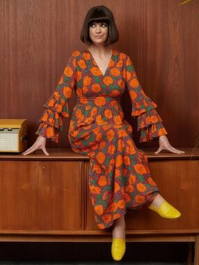 Dawn O’Porter X Joanie - Sangria Poppy Print Ruffle Midaxi Dress US 14